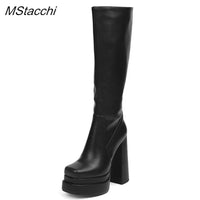 Original Black Long Boots Women Platform Shoes Genuine Leather Women&#39;s High Boots Square Toe High Heels Demonia Boots Designer Shoes 2022