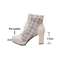 Original New Arrival Designer Shoes Women Plus Size 43 Tweed Boots Square High Heels Platform Tweed Shoes Autumn Winter Lace up Round Toe