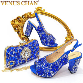 Original Venus Chan 2022 Nigerian Summer Hot Sale Luxury Fashion Ladies High Heel Slippers and Bags Set with Rhinestones for Wedding