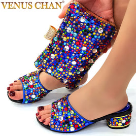 Original Blue Color Matching Women Shoe and Bags Set Decorated with Rhinestone African Shoe and Bag Set for Party In Women Italy Shoes