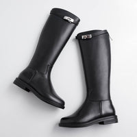 Original krazing pot Winter round toe cow leather metal buckle decoration keep warm plus size thick low heels riding knee-high boots l13