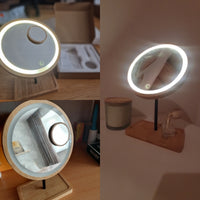 Wooden Desktop LED Makeup Mirror 3X Magnifying USB Charging Adjustable Bright Diffused Light Touch Screen Beauty Mirrors