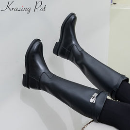 Original krazing pot Winter round toe cow leather metal buckle decoration keep warm plus size thick low heels riding knee-high boots l13