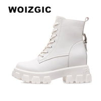 Original WOIZGIC Women&#39;s Female Ladies Genuine Leather Ankle Boots Shoes Platform Autumn Increase Lace Up Winter Fur Breathable 34-39