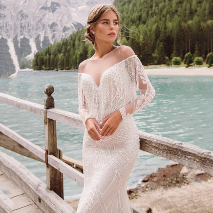 UZN Original Sexy Mermaid Lace Modern Wedding Dresses Sweetheart Off The Shoulder Long Sleeves Bride Gowns Plus Size Wedding Gown DIGITAL OFFICE ELECTRONIC