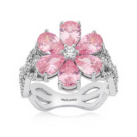 Original Valori Jewels Magnolia Flower Ring, 2 Ct Zircon Pink Pear Gemstone, Rhodium Plated, 925 Silver, Fine Jewelry