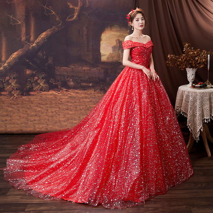 VLNUO NISA - Original 3 Models Red Romantic Shiny Star Wedding Dress with Sleeve Plus Size Off Shoulder Lace Up Princess Bridal Gown Vestidos De Novia DIGITAL OFFICE ELECTRONIC