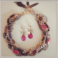 Original Multi Strand Necklace With Pink Agate Stones and Charms