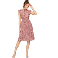 LUXURY AND ME - Original Pink Tie Neck Ruffle Trim Dot Pleated Fit and Flare Empire Dresses