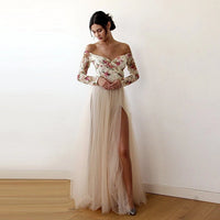 BLUSHFASHION - Original Off-The-Shoulder Floral and Champagne Tulle Dress  #1176