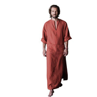 Mens Natural Linen Cotton Ultra Long Floor Length Robes Bathrobes Lounge Wear Casual Kaftan Thobe v Neck Long Gown Caftan Tunic