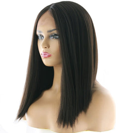 Yaki Straight Lace Front Synthetic Hair Wigs High Temperature Fiber X-Tress Ombre Green Color Short Blunt Lace Wig Middle Part