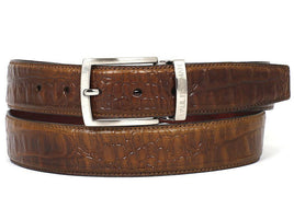 PAUL PARKMAN Men's Crocodile Embossed Calfskin Leather Belt Hand-Painted Olive (ID#B02-OLV)