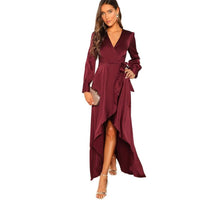 LUXURY AND ME - Original V-Neck Belted Wrap Asymmetric Party Maxi Dress