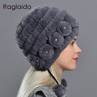 Original Women's Winter Warm Rabbit Hats With Pearls Fashion Female Ball Caps