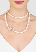 Original Flower Pearl Gemstone Long Necklace White CZ Rosegold