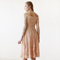 BLUSHFASHION - Original Short Wedding Dress ,Pink Off-The-Shoulder Floral Lace Long Sleeve Midi Dress #1149