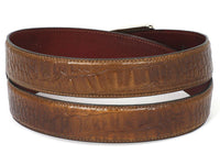 PAUL PARKMAN Men's Crocodile Embossed Calfskin Leather Belt Hand-Painted Olive (ID#B02-OLV)