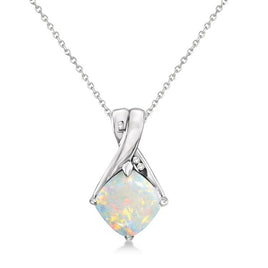 Original Diamond and Cushion Opal Pendant Necklace 14k White Gold (1.36ct)