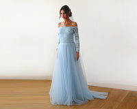 BLUSHFASHION - Original Light Blue  Off-The-Shoulder Dress  Train   #1162