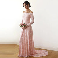 BLUSHFASHION - Original Pink Off-The-Shoulder Lace Dress With Train  #1148