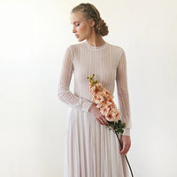 BLUSHFASHION - Original Modest Lace Wedding Dress, Gentle Stripes Pattern Maxi Dress 1209