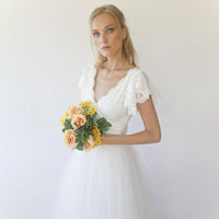 BLUSHFASHION - Original Fairy Ivory Wrap Wedding Dress, Butterfly Sleeves and Puffy Tulle #1293