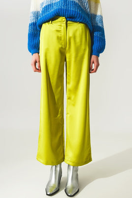 Q2 - Original Wide Leg Satin Pants in Lime Green