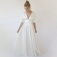 BLUSHFASHION - Original Bestseller Deep v Neckline Bat Sleeves Minimalist Wedding Dress #1350