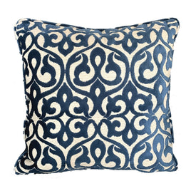 Velvety French Medallion Blue and Off White Geometric Luxury Throw Pillow