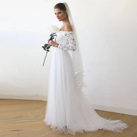 BLUSHFASHION - Original Ivory Off-The-Shoulder Lace & Tulle Train Dress #1162