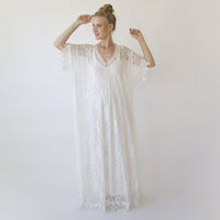 BLUSHFASHION - Original Lace Ivory Bridal Kaftan ,Bat Sleeves Lace Wedding Dress #1367