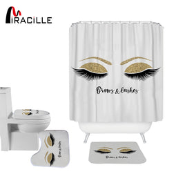 Miracille 4Pcs/Set Eyelashes Anti Slip Bathroom Rugs Set Waterproof Shower Curtain U Type Mats Toilet Cover Bath Decor