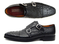 Paul Parkman Men's Double Monkstraps Black Crocodile Embossed Calfskin (ID#045BK41)