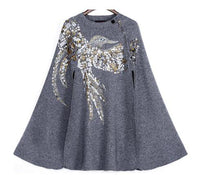 2024 Winter Knitted Cashmere Cloak Coat Birds Eagle Pattern Handmade Beading Sequins Embroidered Women Shwal Batwing Sleeve Coat