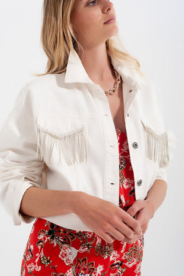 Q2 - Original Denim Jacket With Diamante Fringing in White