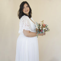 BLUSHFASHION - Original Curvy  Ivory Butterfly Sleeves, Lace Bohemian Wedding Dress With Mesh Chiffon #1321