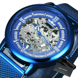 WINNER Official Mechanical Watch Men Blue Silver Mesh Strap Super Thin Case Skeleton Top Brand Luxury Classic Business Elegant