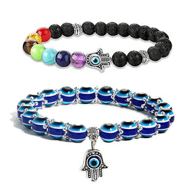 Original 2Pcs /Set 7 Chakra Bead Lava Stone Bracelet Evil Blue Eye