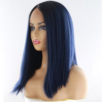 Yaki Straight Lace Front Synthetic Hair Wigs High Temperature Fiber X-Tress Ombre Green Color Short Blunt Lace Wig Middle Part