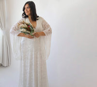 BLUSHFASHION - Original Curvy  Lace Ivory Bridal Kaftan With Fringe ,Bat Sleeves Lace Wedding Dress #1328