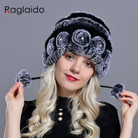 Original Women's Winter Warm Rabbit Hats With Pearls Fashion Female Ball Caps