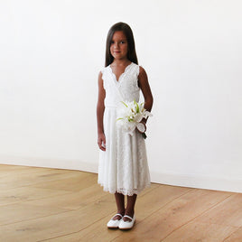 Original Short Wedding Dress ,Midi Ivory All Lace Sleeveless Flower Girl Dress #5048