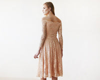 BLUSHFASHION - Original Short Wedding Dress ,Pink Off-The-Shoulder Floral Lace Long Sleeve Midi Dress #1149