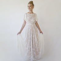 BLUSHFASHION - Original Lace Ivory Flutter Sleeve Dress , With a Separate Blush Underlining Dress  #1368