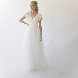 BLUSHFASHION - Original Fairy Blush Wrap Wedding Dress, Butterfly Sleeves and Puffy Tulle #1293