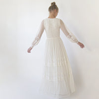 BLUSHFASHION - Original Bestseller Ivory Wrap Lace Wedding Dress With Chiffon Mesh Sleeves #1352