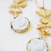 POPORCELAIN - Original Porcelain Moonlight Rose and Triple Leaves Drop Earrings