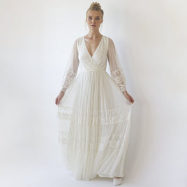 BLUSHFASHION - Original Bestseller Ivory Wrap Lace Wedding Dress With Chiffon Mesh Sleeves #1352