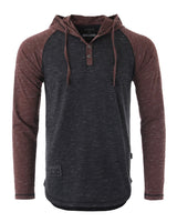 ZIMEGO Long Sleeve Raglan Henley Round Bottom Hood T-Shirts - BLACK / MAROON